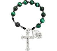 Nazareth Store Tiger Eye Beads One Decade Rosary Handmade Pocket Car Mirror with Saint Joseph Medal and Jesus Cross in Antique Silver Volcanic Stone Travel Friendly Rosary, One Size, Stone, No