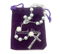 Nazareth Store White Pearl Beads Rosary Roses Mystery Beads Prayer Necklace Our Rose Lourdes Medal and Cross Crucifix, Zinc