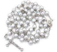 Nazareth Store White Pearl Catholic Rosary Necklace, Pearl Glass Beads, Holy Soil Jerusalem Centerpiece, Silver Jesus Crucifix, 21" Five Decade Prayer Rosary, Wedding Communion Confirmation Gift