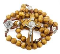 Nazareth Store Wood Beads Rosary Necklace Saint Benedict Medal & Catholic Cross Religious Prayer Chaplet String Handmade