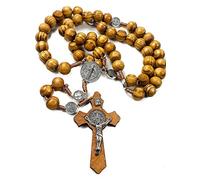 Nazareth Store Wood Beads Rosary Necklace Saint Benedict Medal & Catholic Cross Religious Prayer Chaplet String Handmade