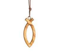 NazarethFairTrade Handmade Ichthus Fish Olive Wood Necklace from Nazareth, Gifts for Men, Women, Boys, Girls, Small Jesus Symbol Hanging Cord, Baptism, Religious Christian Holy Land Jewelry