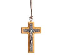 NazarethFairTrade Olive Wood Cross Metal Crucifix Necklace Handmade in Nazareth, Gifts for Men, Women, Boys, Girls, Hanging Cord, Baptism, Alpha Omega, Jesus Religious Christian Holy Land Jewelry