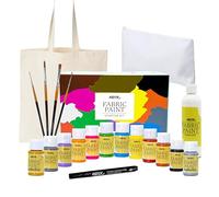 Nazca Colors Fabric Paint Starter Set - Textile Paint Kit with 10 Colours + 2 Silver & Gold 30ml, 100ml White Paint Pot, Black Fabric Marker, 4 Brushes, Tote Bag & Toilet Bag to Start Customizing