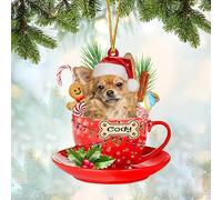 NAZENTI Personalized Long HAIRED TAN Chihuahua in Red Cup Ornament - Custom Dog Christmas Ornament for Pet Lover, Flat 2D Printed Acrylic Hanging, Gifts for Dog Lover, Christmas Decoration