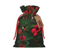 Nazhpo Hummingbirds Red Flower Hibiscus Print Christmas Gift Bags, Drawstring Gift Wrap Bags Candy Storage Bag Reusable Party