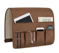 NB Sofa Armrest Organize remote holder bedside caddy organizer with 5 pockets，non-slip couch remote control holder couch armchair caddy accessories (Brown, 35''x18'')
