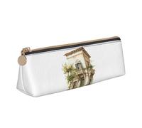 NBAGHPQ Antique Building with Roman Olive Branch and Greek Print Stylish High-Capacity Leather Pencil Case Zippered Triangle Pouch Pens Boys Girls