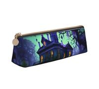 NBAGHPQ Black Haunted Mansion Print Stylish High-Capacity Leather Pencil Case Zippered Triangle Pouch Pens Boys Girls