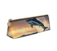 NBAGHPQ Blue Shark Print Stylish High-Capacity Leather Pencil Case Zippered Triangle Pouch Pens Boys Girls