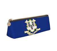 NBAGHPQ Connecticut State Flag Print Stylish High-Capacity Leather Pencil Case Zippered Triangle Pouch Pens Boys Girls