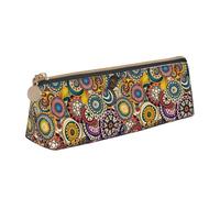 NBAGHPQ Ethnic Circles Floral Pattern Print Stylish High-Capacity Leather Pencil Case Zippered Triangle Pouch Pens Boys Girls