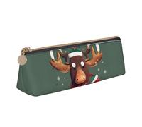 NBAGHPQ Funny Christmas Moose Head Print Stylish High-Capacity Leather Pencil Case Zippered Triangle Pouch Pens Boys Girls