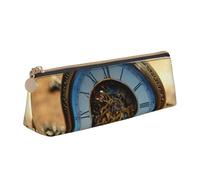 NBAGHPQ Gears Clock Bronze Century Print Stylish High-Capacity Leather Pencil Case Zippered Triangle Pouch Pens Boys Girls