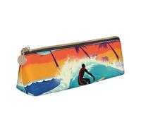 NBAGHPQ Hawaiian Surfer on Wavy Print Stylish High-Capacity Leather Pencil Case Zippered Triangle Pouch Pens Boys Girls