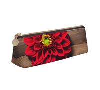 NBAGHPQ Wooden Board Retro Flower Red Dahlia Print Stylish High-Capacity Leather Pencil Case Zippered Triangle Pouch Pens Boys Girls