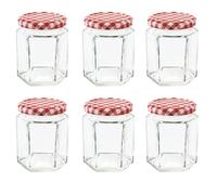 NBBENG Glass Jam Jars Glass Preserve Pots with Screw Top Red Gingham Lids, Hexagonal Storage Glass Jars | Clear Airtight Jar for Kitchen Spices Honey or Sweets (6)