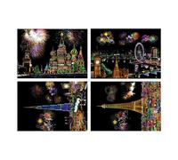 Nbbwwu Scratch Painting for Adults | 4 Sheets Engraving Craft Night View Scratchboard,Crafts Set with Pen, A4 Scratch Painting Rainbow Paper for Adults and Kids