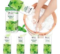 nbc BeautiLab Foot Soak Set: Bubble Salt, Sugar Scrub, Massage Mask, Massage Lotion in a Box, 4 Step Foot Spa Kit for Dry Feet, Softens Calluses, Tired Feet (1 Set, Mint Scent)