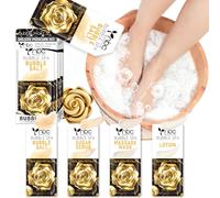nbc BeautiLab Foot Soak Set: Bubble Salt, Sugar Scrub, Massage Mask, Massage Lotion in a Box, 4 Step Foot Spa Kit for Dry Feet, Softens Calluses, Tired Feet (1 Set, 1 Set Golden petals scent)