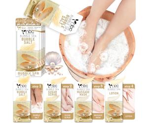 nbc BeautiLab Foot Soak Set: Bubble Salt, Sugar Scrub, Massage Mask, Massage Lotion in a Box, 4 Step Foot Spa Kit for Dry Feet, Softens Calluses, Tired Feet (1 Set, Pearls scent)