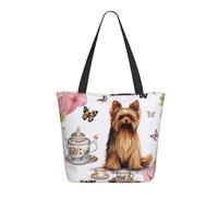 NBCCDVSH Burning car Tote Bag for Women Grocery Bag Reusable Aesthetic Shopping Bags Beach Handbag, Yorkshire Terrier Tea Party Butterflies Roses, One Size