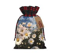 NBCCDVSH Christmas Drawstring Gift Bags Beautiful Daisies Wrapping Bag with Tag Buffalo Plaid Xmas Gift Drawstring Present Bag for Christmas Birthday Holiday Party Santa Candy Sack Pouch