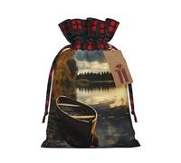 NBCCDVSH Christmas Drawstring Gift Bags Boat at Lake Shore Wrapping Bag with Tag Buffalo Plaid Xmas Gift Drawstring Present Bag for Christmas Birthday Holiday Party Santa Candy Sack Pouch