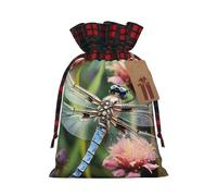 NBCCDVSH Christmas Drawstring Gift Bags Dragonfly Insects Flowers Wrapping Bag with Tag Buffalo Plaid Xmas Gift Drawstring Present Bag for Christmas Birthday Holiday Party Santa Candy Sack Pouch
