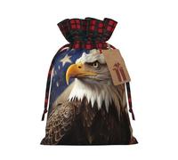 NBCCDVSH Christmas Drawstring Gift Bags Eagle with USA Flag Wrapping Bag with Tag Buffalo Plaid Xmas Gift Drawstring Present Bag for Christmas Birthday Holiday Party Santa Candy Sack Pouch
