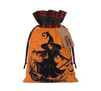 NBCCDVSH Christmas Drawstring Gift Bags Halloween Witch Flying Wrapping Bag with Tag Buffalo Plaid Xmas Gift Drawstring Present Bag for Christmas Birthday Holiday Party Santa Candy Sack Pouch
