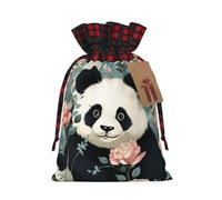 NBCCDVSH Christmas Drawstring Gift Bags Lovely Panda Printed Wrapping Bag with Tag Buffalo Plaid Xmas Gift Drawstring Present Bag for Christmas Birthday Holiday Party Santa Candy Sack Pouch