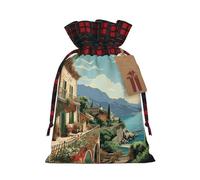 NBCCDVSH Christmas Drawstring Gift Bags Mediterranean Summer Wrapping Bag with Tag Buffalo Plaid Xmas Gift Drawstring Present Bag for Christmas Birthday Holiday Party Santa Candy Sack Pouch