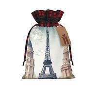 NBCCDVSH Christmas Drawstring Gift Bags Paris Landmarks Pattern Wrapping Bag with Tag Buffalo Plaid Xmas Gift Drawstring Present Bag for Christmas Birthday Holiday Party Santa Candy Sack Pouch