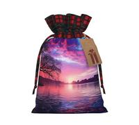 NBCCDVSH Christmas Drawstring Gift Bags Purple sunset on water Wrapping Bag with Tag Buffalo Plaid Xmas Gift Drawstring Present Bag for Christmas Birthday Holiday Party Santa Candy Sack Pouch