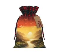 NBCCDVSH Christmas Drawstring Gift Bags Rising Sun Wrapping Bag with Tag Buffalo Plaid Xmas Gift Drawstring Present Bag for Christmas Birthday Holiday Party Santa Candy Sack Pouch