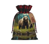 NBCCDVSH Christmas Drawstring Gift Bags River Bear Mom Wrapping Bag with Tag Buffalo Plaid Xmas Gift Drawstring Present Bag for Christmas Birthday Holiday Party Santa Candy Sack Pouch