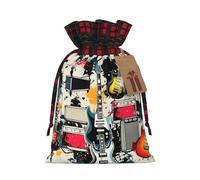 NBCCDVSH Christmas Drawstring Gift Bags Rock Music Pattern Wrapping Bag with Tag Buffalo Plaid Xmas Gift Drawstring Present Bag for Christmas Birthday Holiday Party Santa Candy Sack Pouch