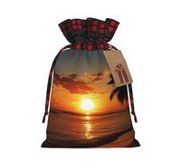 NBCCDVSH Christmas Drawstring Gift Bags Sea Tropical Island Palm Tree Wrapping Bag with Tag Buffalo Plaid Xmas Gift Drawstring Present Bag for Christmas Birthday Holiday Party Santa Candy Sack Pouch