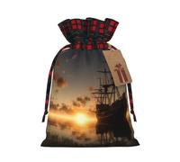 NBCCDVSH Christmas Drawstring Gift Bags Ship in The Lake Sunset Wrapping Bag with Tag Buffalo Plaid Xmas Gift Drawstring Present Bag for Christmas Birthday Holiday Party Santa Candy Sack Pouch