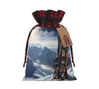 NBCCDVSH Christmas Drawstring Gift Bags Skis on mountain Wrapping Bag with Tag Buffalo Plaid Xmas Gift Drawstring Present Bag for Christmas Birthday Holiday Party Santa Candy Sack Pouch