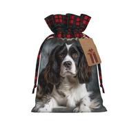 NBCCDVSH Christmas Drawstring Gift Bags Spaniel On The Sofa Wrapping Bag with Tag Buffalo Plaid Xmas Gift Drawstring Present Bag for Christmas Birthday Holiday Party Santa Candy Sack Pouch