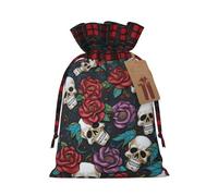 NBCCDVSH Christmas Drawstring Gift Bags Sugar skull flowers Wrapping Bag with Tag Buffalo Plaid Xmas Gift Drawstring Present Bag for Christmas Birthday Holiday Party Santa Candy Sack Pouch