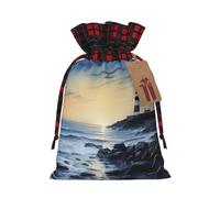 NBCCDVSH Christmas Drawstring Gift Bags The Seaside Lighthouse Wrapping Bag with Tag Buffalo Plaid Xmas Gift Drawstring Present Bag for Christmas Birthday Holiday Party Santa Candy Sack Pouch