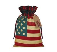 NBCCDVSH Christmas Drawstring Gift Bags Vintage American Flag Wrapping Bag with Tag Buffalo Plaid Xmas Gift Drawstring Present Bag for Christmas Birthday Holiday Party Santa Candy Sack Pouch