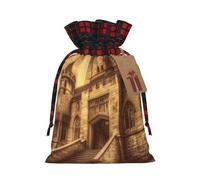 NBCCDVSH Christmas Drawstring Gift Bags Vintage Medieval Castle Wrapping Bag with Tag Buffalo Plaid Xmas Gift Drawstring Present Bag for Christmas Birthday Holiday Party Santa Candy Sack Pouch