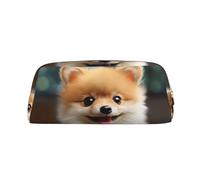NBCCDVSH Leather Pencil Case with Zipper Stylish Pen Holder Aesthetic Pen Case for Women Men Leather Pencil Bag Cute Little Pomeranian Pen Pouch for Work Office Travel Pencil Pouch Makeup Bag