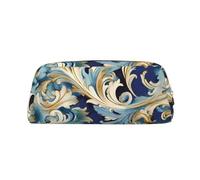 NBCCDVSH Leather Pencil Case with Zipper Stylish Pen Holder Aesthetic Pen Case for Women Men Leather Pencil Bag elegant blue gold florentine Pen Pouch for Work Office Travel Pencil Pouch Makeup Bag
