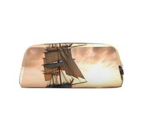 NBCCDVSH Leather Pencil Case with Zipper Stylish Pen Holder Aesthetic Pen Case for Women Men Leather Pencil Bag White Sailing Ship at Sunset Pen Pouch for Work Office Travel Pencil Pouch Makeup Bag