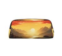 NBCCDVSH Leather Pencil Case with Zipper Stylish Pen Holder Aesthetic Pen Case for Women Men Leather Pencil Bag Rising Sun Pen Pouch for Work Office Travel Pencil Pouch Makeup Bag